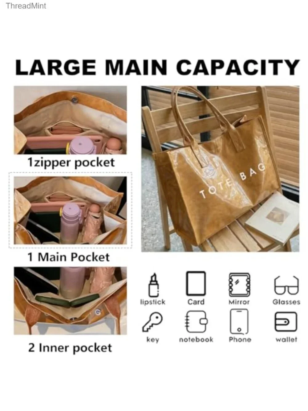 PVC Tote Bag for Women Large Work Plastic Tote Purse Letter Print Shoulder Bag
